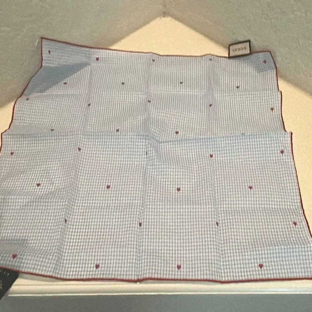 Gucci Cotton Square Scarf Blue White Gingham Plaid & Hearts Cutesy Cottagecore